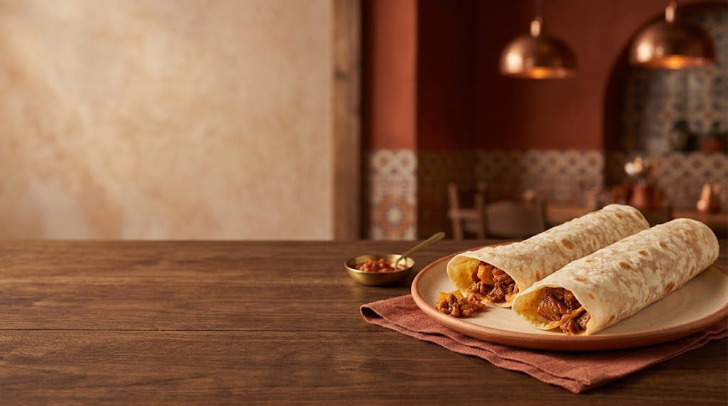 Dos burritos de guisado servidos en un plato sobre una mesa de madera